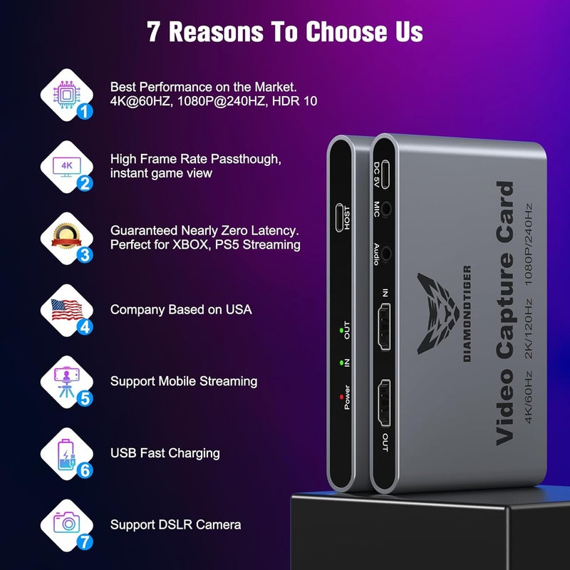 DiamondTiger HDMI Capture Card for Streaming and Recording - 4K@60HZ, 1080P@240HZ,HDR VRR Passthrough Near-Zero Latency Video Capture Card for PS5, Xbox Series X/S, Nintendo in OBS™, Twitch,YouTube - Image 3